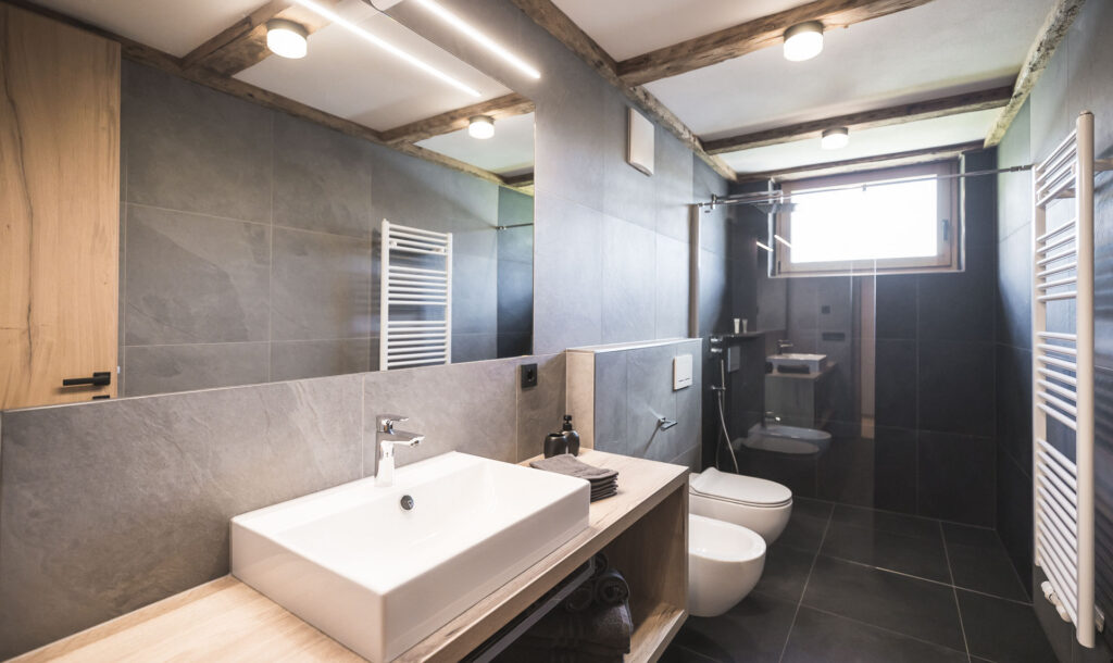 Modernes Badezimmer mit großer Dusche im Schuischta Mountain Apartment